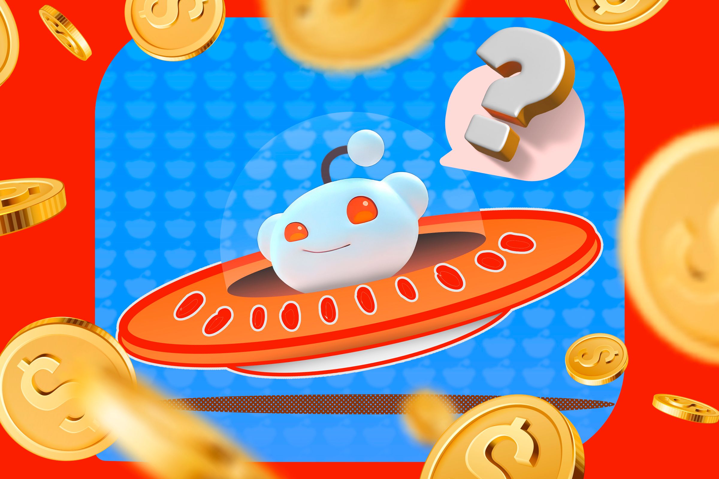 Reddit Mascot With A Thoughtful Expression Inside A Ufo And Several Coins Around.jpg